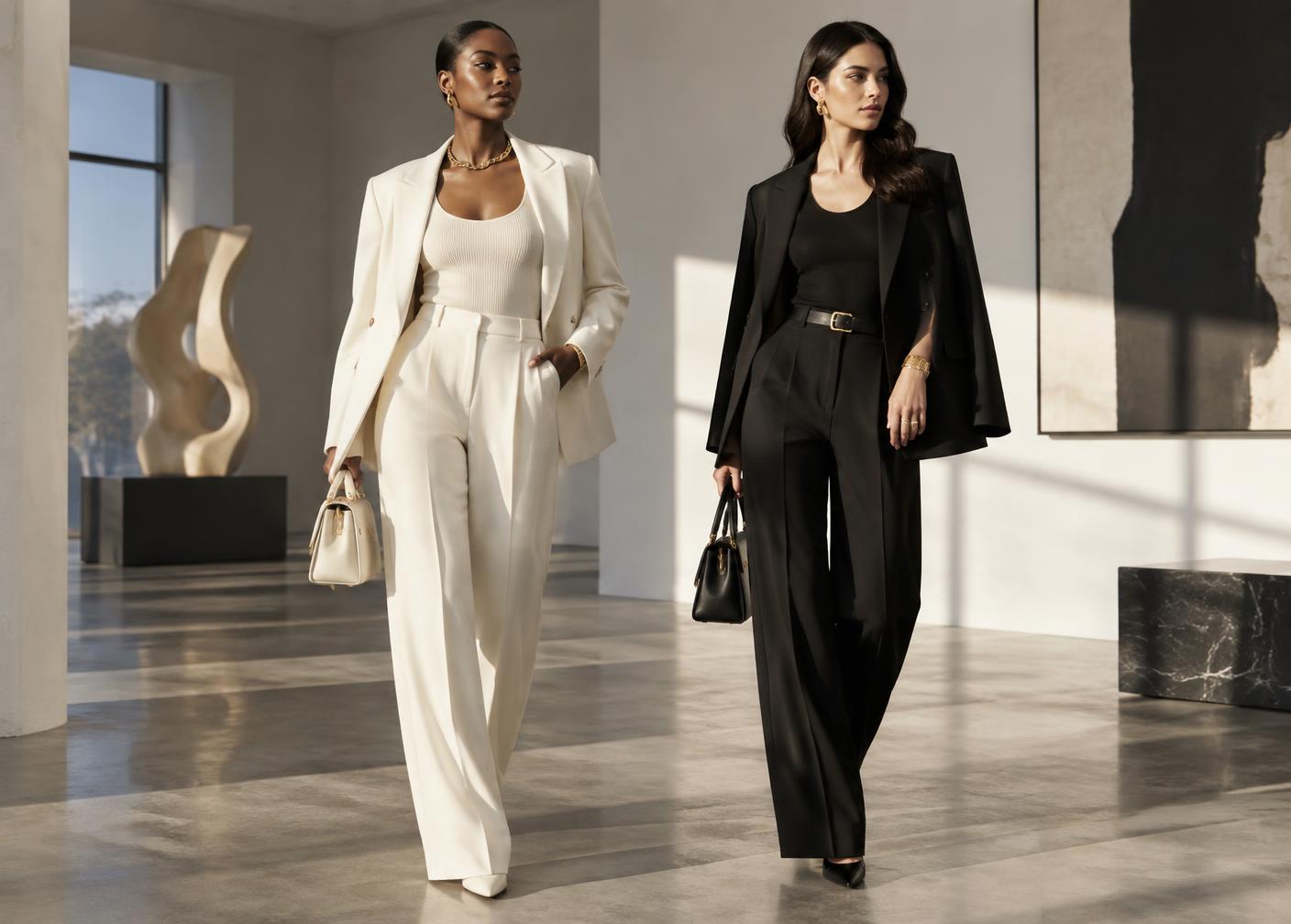 GLAMOROUS edit featuring complete ivory and black outfits